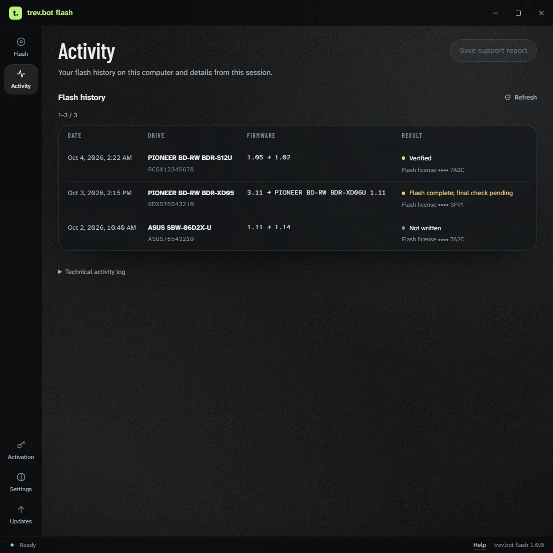 Activity: past flashes on this computer with their results