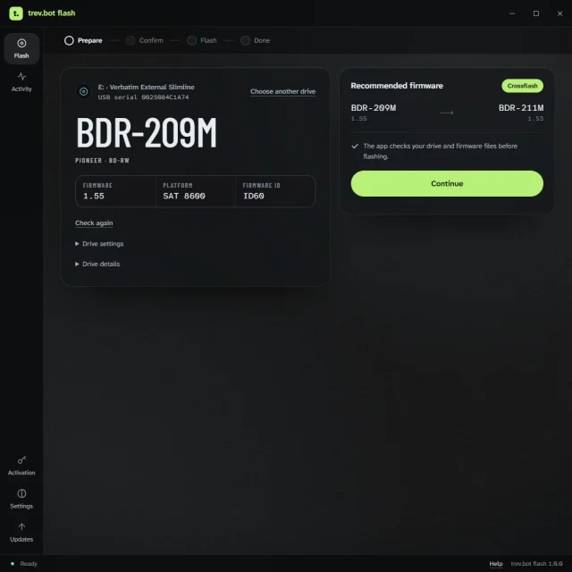 trev.bot flash on Windows: a synthetic Pioneer drive checked, with compatible firmware recommended