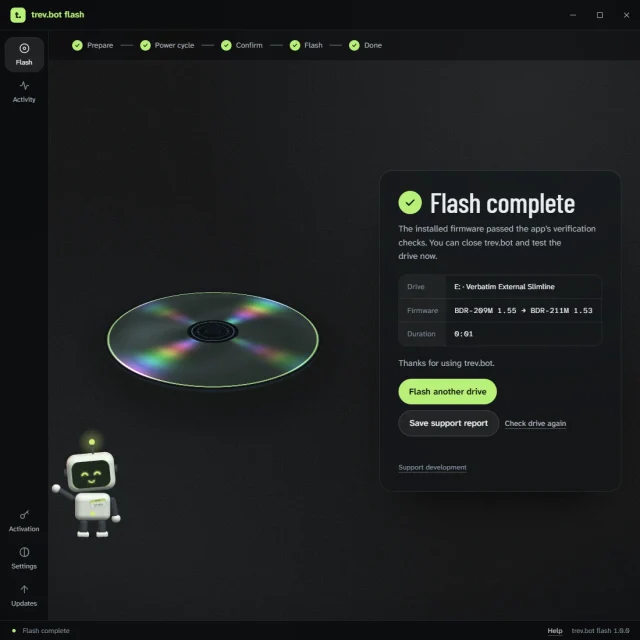 trev.bot flash on Windows: a completed synthetic example flash
