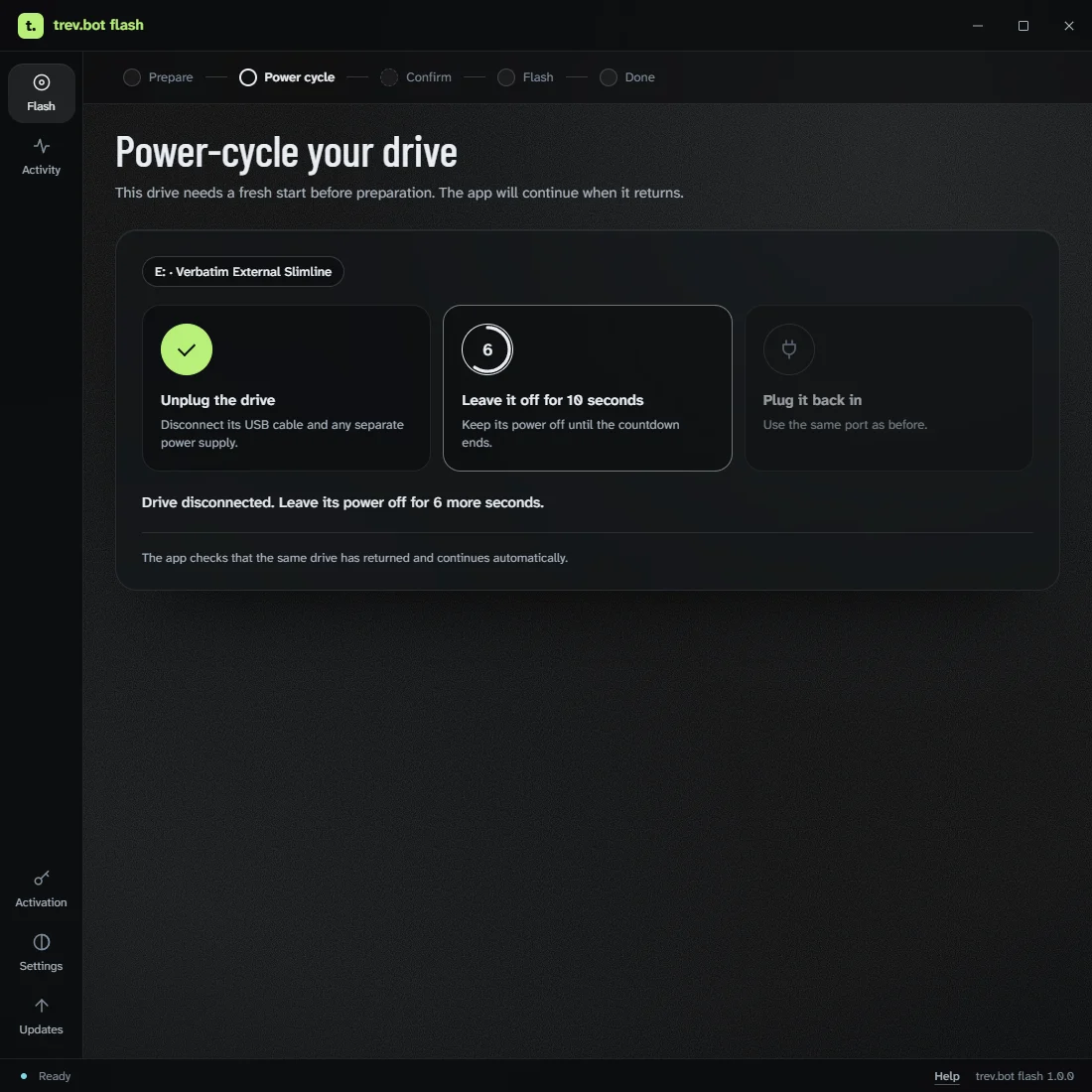 Power-cycle your drive: unplug, a countdown while it stays off, then plug it back in