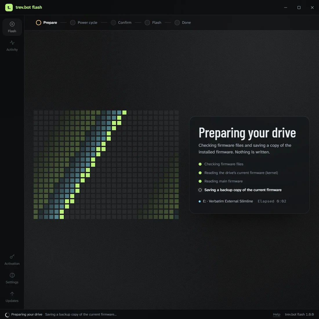 Preparing your drive: the app gets the firmware and checks the files and the drive
