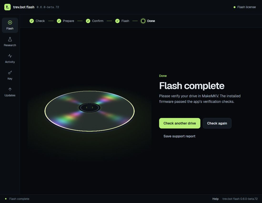 The Done screen after a completed flash, asking you to verify the drive in MakeMKV