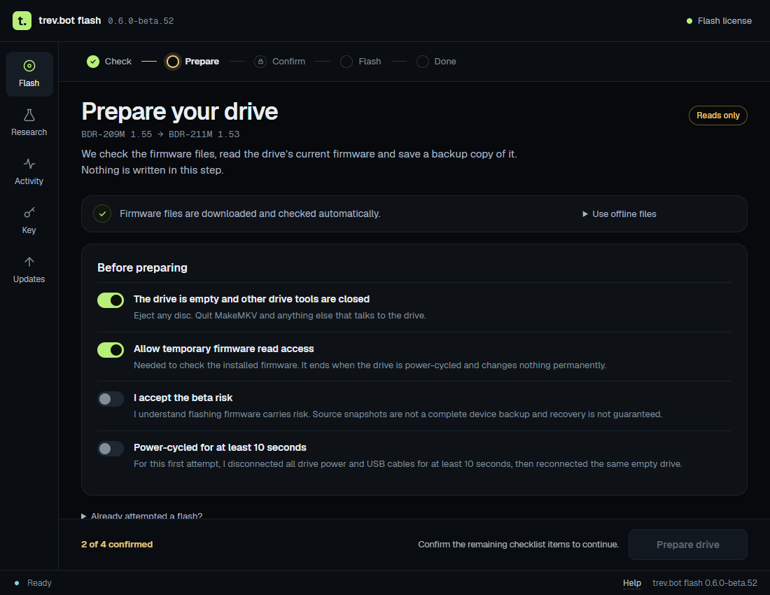 The Prepare screen with its pre-flash checklist